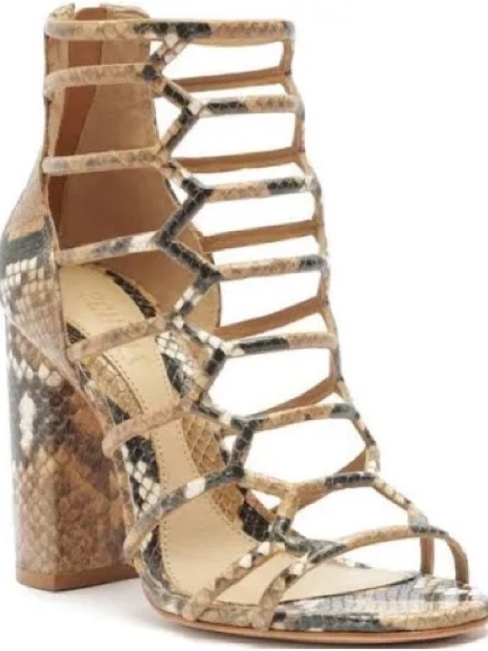 SCHUTZ Snake-Print Strappy Block Heel Sandal in Tan and Black
